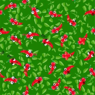 Cute seamless pattern with cartoon emoji Chili peppers Stock Illustration