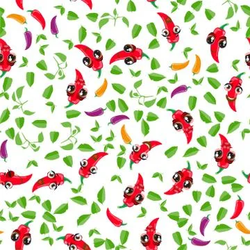 Cute seamless pattern with cartoon emoji Chili peppers Stock Illustration