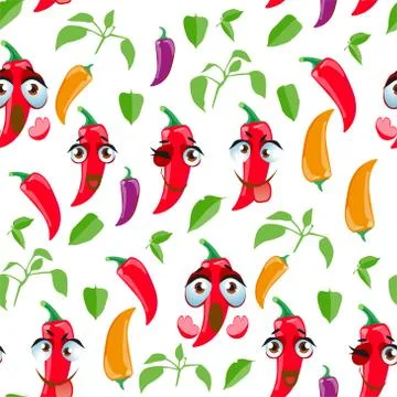 Cute seamless pattern with cartoon emoji Chili peppers Stock Illustration