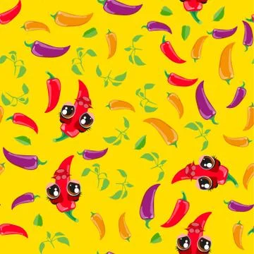 Cute seamless pattern with cartoon emoji Chili peppers Иллюстрация