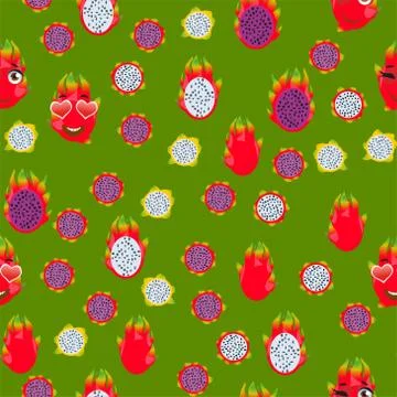 Cute seamless pattern with cartoon emoji fruits pitaya Ilustração Stock