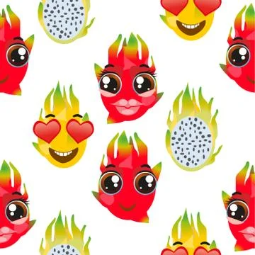 Cute seamless pattern with cartoon emoji fruits pitaya Иллюстрация