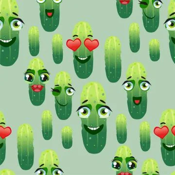Cute seamless pattern with cartoon emoji cucumber 스톡 일러스트