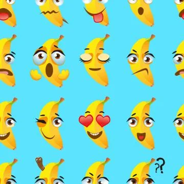 Cute seamless pattern with cartoon emoji fruits on blue background イラスト素材