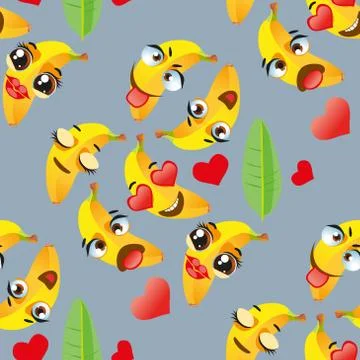 Cute seamless pattern with cartoon emoji fruits on gray background Stockillustratie