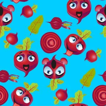 Cute seamless pattern with cartoon emoji beetroot on blue background Stock Illustration
