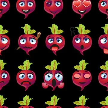 Cute seamless pattern with cartoon emoji beetroot on black background Stockillustratie
