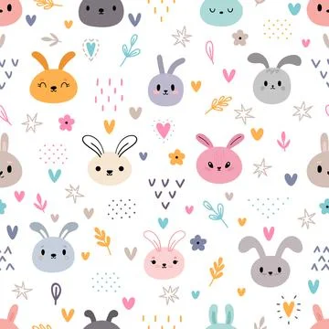 Cute seamless pattern with cartoon rabbits. Kawaii bunny. Hand drawn floral.. Stock Illustration