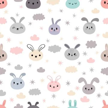 Cute seamless pattern with cartoon rabbits. Kawaii bunny. Hand drawn backgr.. Stock Illustration