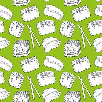 Cute seamless pattern with cartoon rolls and sushi in kawaii style. Stock Illustration