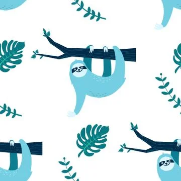 Cute seamless pattern with cartoon sloth with retro tape recorder with tropical Stock Illustration