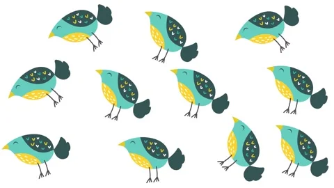 Cute Seamless Pattern of Cartoon Teal and Yellow Birds on a White Background Stock Footage 345539220
