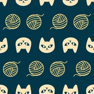 Cute seamless pattern with cats and yarn balls Stock Illustration