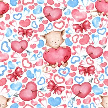 A cute seamless pattern with cats, bows and hearts in a watercolor style. It Stock Illustration