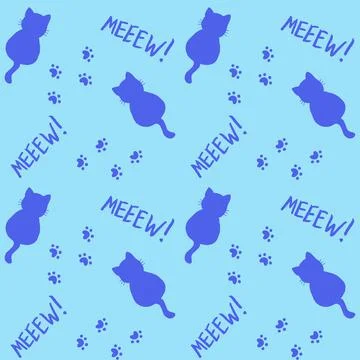 Cute seamless pattern with cats, steps and mew quote. Blue colors. Doodle Stock Illustration