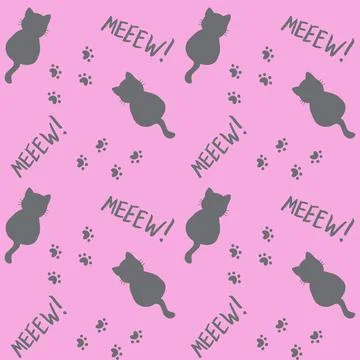 Cute seamless pattern with cats, steps and mew quote. Pink and grey colors. Dood Stock Illustration