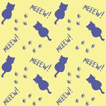 Cute seamless pattern with cats, steps and mew quote. Yellow and blue colors. Do Stock Illustration