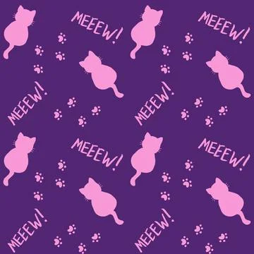 Cute seamless pattern with cats, steps and mew quote. Pink and purple colors Stock Illustration