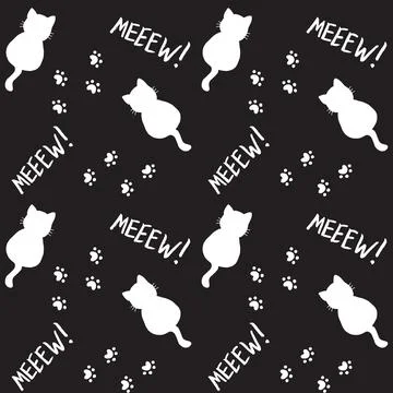 Cute seamless pattern with cats, steps and mew quote. Black and white colors Stock Illustration