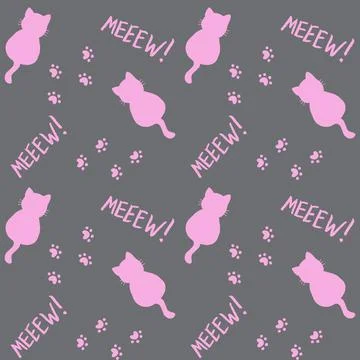 Cute seamless pattern with cats, steps and mew quote. Pink and grey colors Stock Illustration