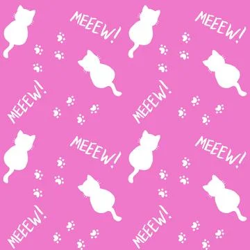 Cute seamless pattern with cats, steps and mew quote. Pink and white colors. Doo Stock Illustration