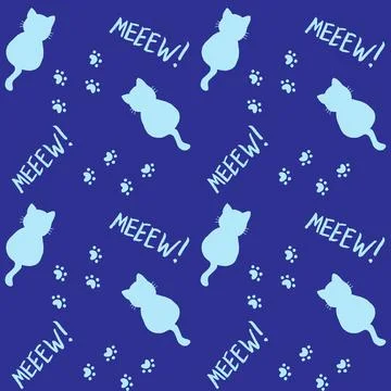Cute seamless pattern with cats, steps and mew quote. Blue colors. Doodle Stock Illustration