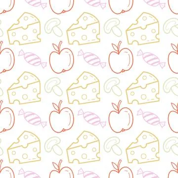 Cute Seamless Pattern with Cheese Apple Candy and Mushroom Hand Drawn Food Stock Illustration