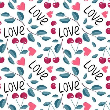 Cute seamless pattern with cherries, hearts, word love and leaves Illustrazione stock