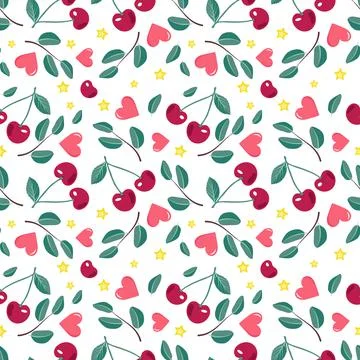 Cute seamless pattern with cherries, hearts, star and leaves Illustrazione stock