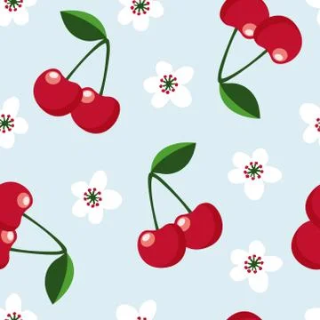 Cute seamless pattern with cherry fruit and blossoms.Vector illustration Stockillustratie