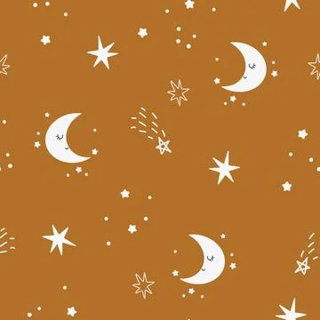 Cute seamless pattern of childish starry sky. Moon with stars in the background Stock Illustration