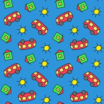 Cute seamless pattern for children. Bus, house and sun. Colorful print. Doodle s Stock Illustration
