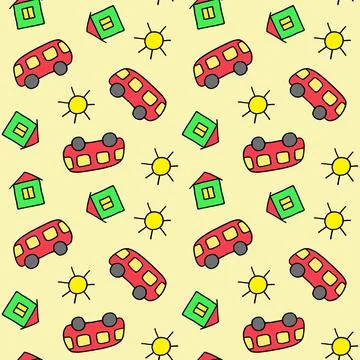 Cute seamless pattern for children. Bus, house and sun. Colorful print. Doodle Stock Illustration