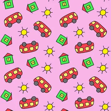 Cute seamless pattern for children. Bus, house and sun. Colorful print. Doodle Stock Illustration