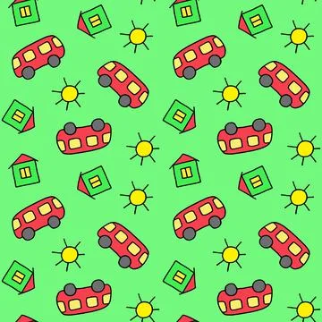 Cute seamless pattern for children. Bus, house and sun. Colorful print. Doodle s Stock Illustration