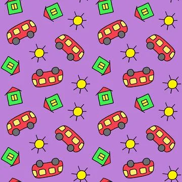 Cute seamless pattern for children. Bus, house and sun. Colorful print. Doodle Stock Illustration