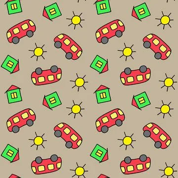 Cute seamless pattern for children. Bus, house and sun. Colorful print. Doodle s Stock Illustration