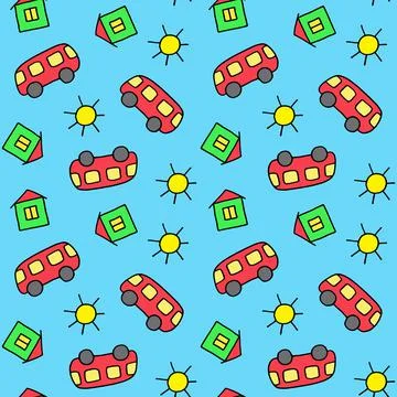 Cute seamless pattern for children. Bus, house and sun. Colorful print. Doodle Stock Illustration
