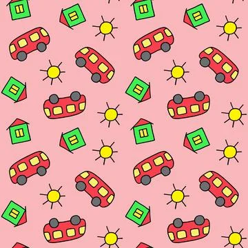 Cute seamless pattern for children. Bus, house and sun. Colorful print. Doodle s Stock Illustration