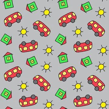 Cute seamless pattern for children. Bus, house and sun. Colorful print. Doodle Illustrazione stock