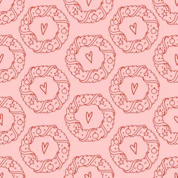 Cute seamless pattern with Christmas wreath holiday decoration, garland, and Stock Illustration