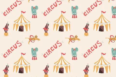 Cute seamless pattern with circus animals and tent Stock Illustration
