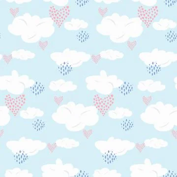 Cute seamless pattern with clouds and hearts Stock Illustration