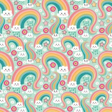 Cute seamless pattern with  clouds, rainbows, stars. Illustrazione stock