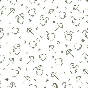 Cute seamless pattern with cocktail in half coconut, tube and umbrella. Trave Stock Illustration