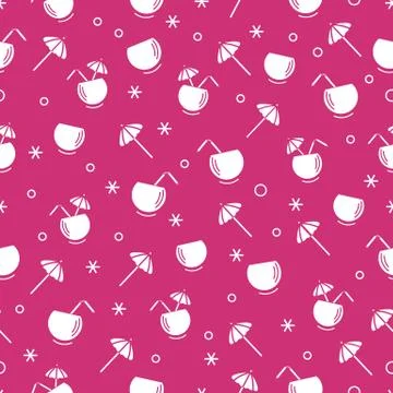 Cute seamless pattern with cocktail in half coconut, tube and umbrella. Trave Illustrazione stock