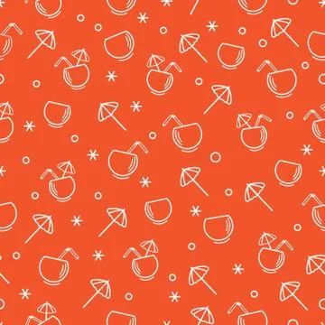 Cute seamless pattern with cocktail in half coconut, tube and umbrella. Trave Stock Illustration
