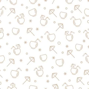 Cute seamless pattern with cocktail in half coconut, tube and umbrella. Trave 스톡 일러스트