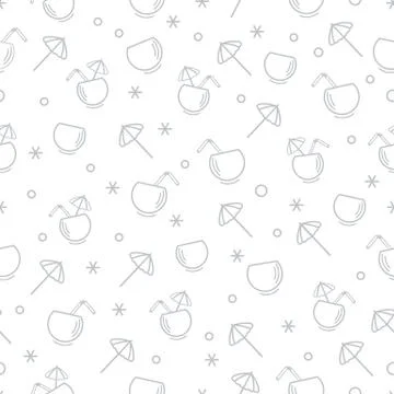 Cute seamless pattern with cocktail in half coconut, tube and umbrella. Trave 스톡 일러스트