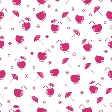 Cute seamless pattern with cocktail in half coconut, tube and umbrella. Trave 스톡 일러스트